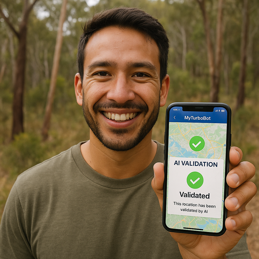 Happy person showing MyTurboBot app in Australian bush