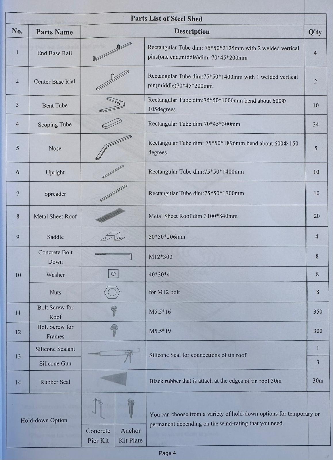 Instruction kit parts list