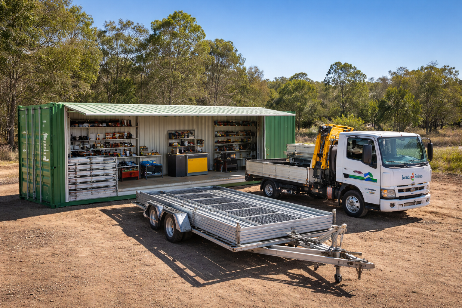 Micro Shade Sheds business setup with container truck and trailer